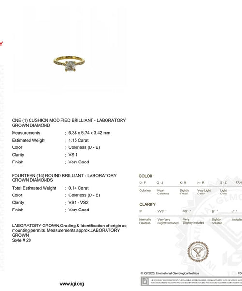 Timeless Radiance: Cushion Cut 1.29 CT Diamond Engagement Ring in Yellow Gold