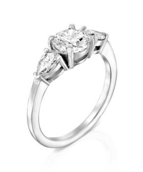 Radiant 1.59 CT Three-Stone Round Brilliant & Pear Cut Diamond Engagement Ring in White Gold